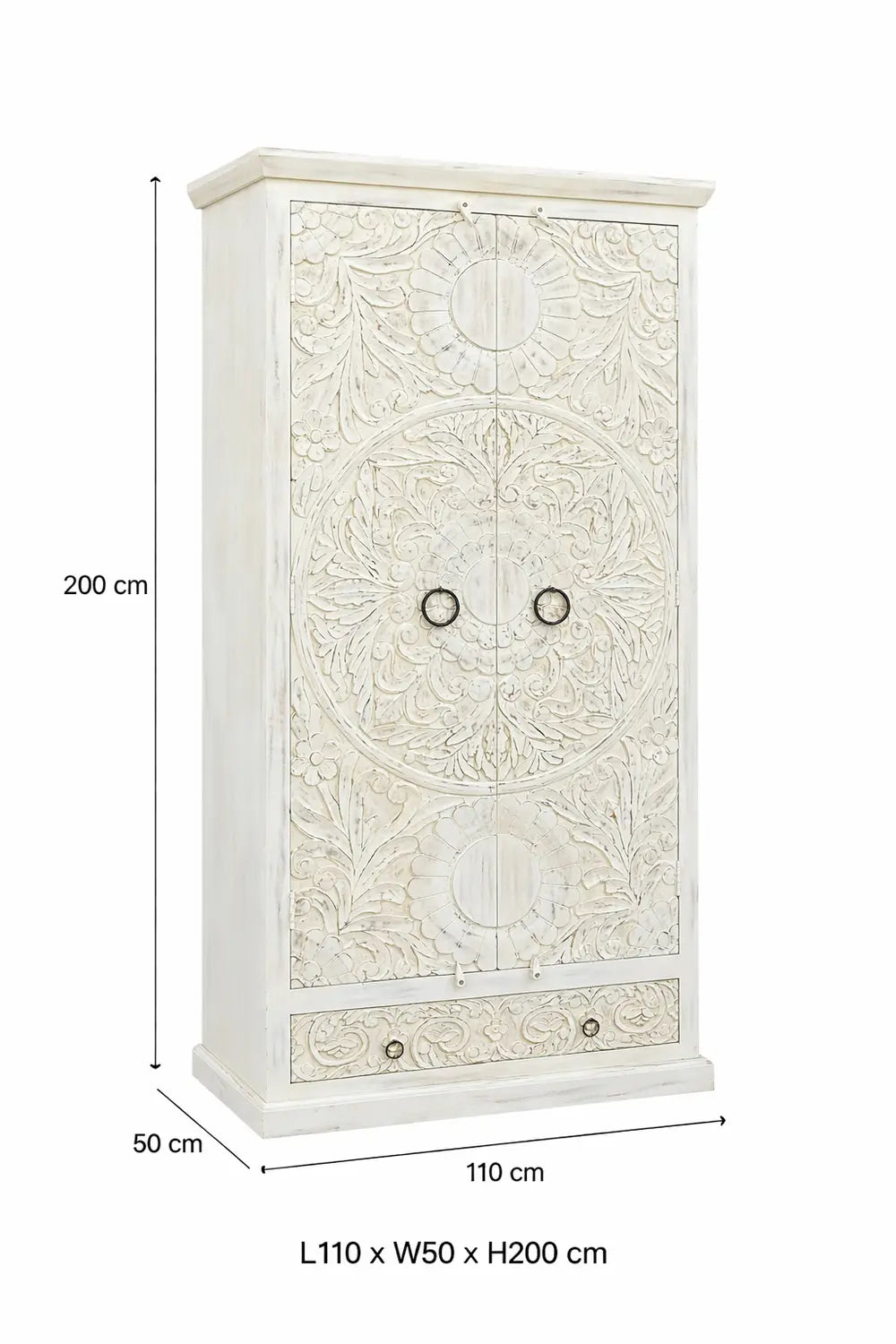 handcrafted white carved wooden wardrobe / almirah – floral design