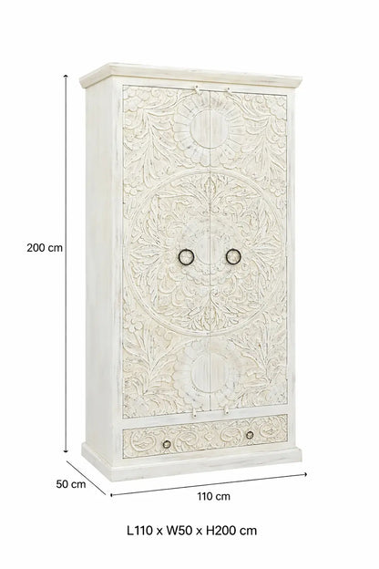 Handcrafted White Carved Wooden Wardrobe / Almirah – Floral Design