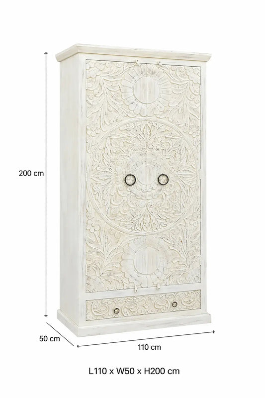 Handcrafted White Carved Wooden Wardrobe / Almirah – Floral Design