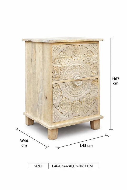 THE BLUE COTTAGE Hand Carved White Bleached Wooden Bedside Table with 2 Drawers | Floral Design | Set of 2
