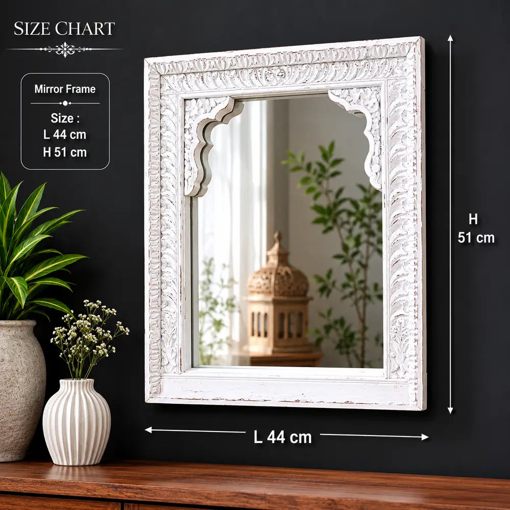 white wash shekhawati hand-carved reclaimed wood mirror frame