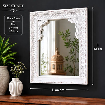 White Wash Shekhawati Hand-Carved Reclaimed Wood Mirror Frame