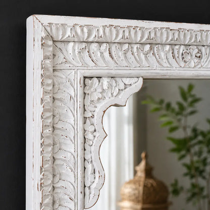 White Wash Shekhawati Hand-Carved Reclaimed Wood Mirror Frame