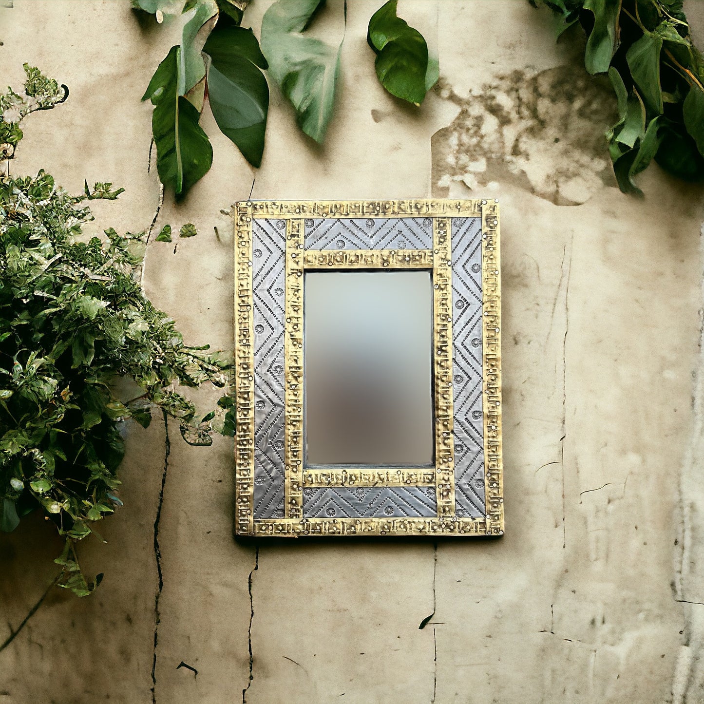 wall decor mirror frame with brass inlay