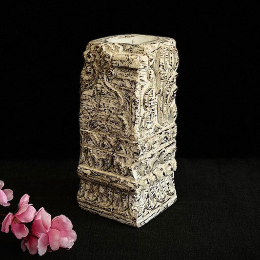 Vintage White Wash Carved Wooden Candle Holder – Table Decor