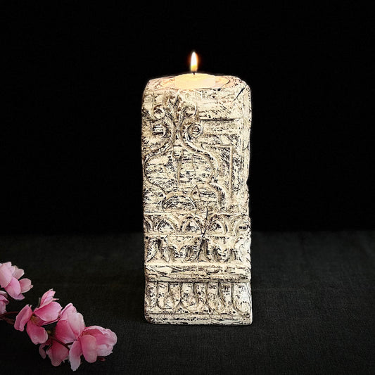 Vintage White Wash Carved Wooden Candle Holder – Table Decor