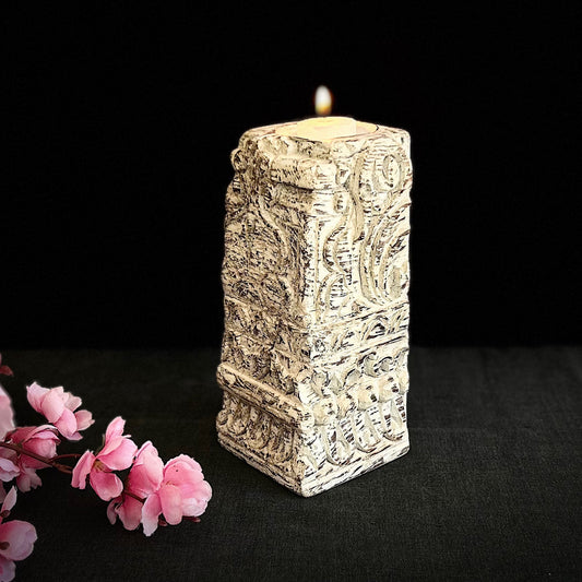 Vintage White Wash Carved Wooden Candle Holder – Table Decor