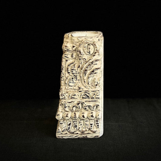 Vintage White Wash Carved Wooden Candle Holder – Table Decor
