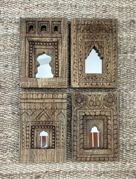 Set of 4 Wooden Temple Mirror Frames – Handcrafted Wall Décor
