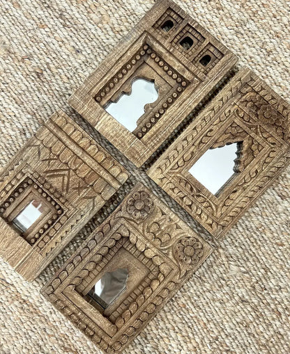 Set of 4 Wooden Temple Mirror Frames – Handcrafted Wall Décor