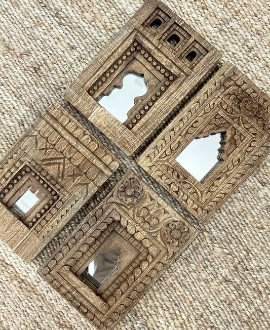 Set of 4 Wooden Temple Mirror Frames – Handcrafted Wall Décor