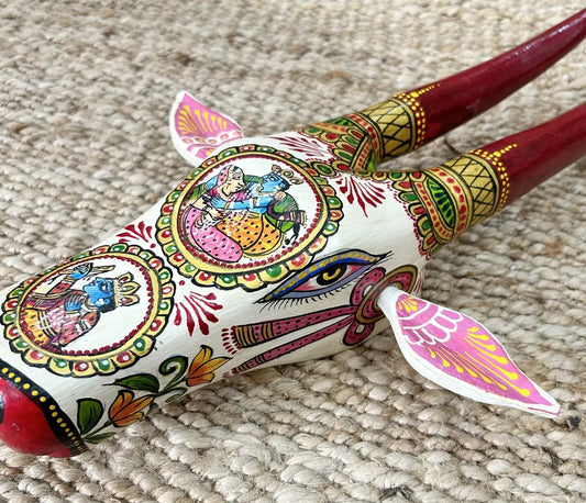 Hand-Painted Wooden Cow Head Wall Décor – Traditional Indian Art