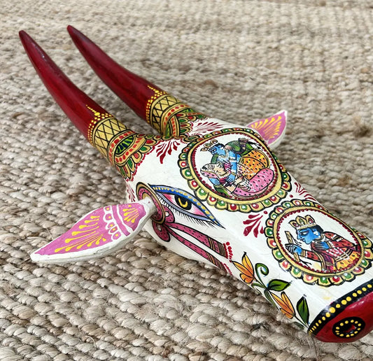 Hand-Painted Wooden Cow Head Wall Décor – Traditional Indian Art