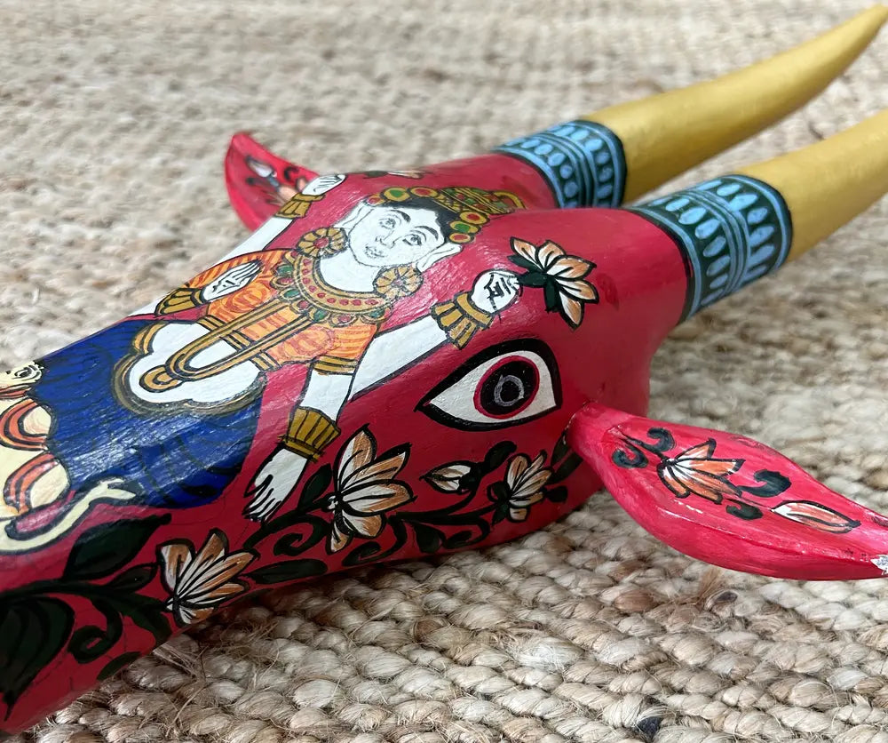 hand-painted wooden cow head wall décor – traditional indian art