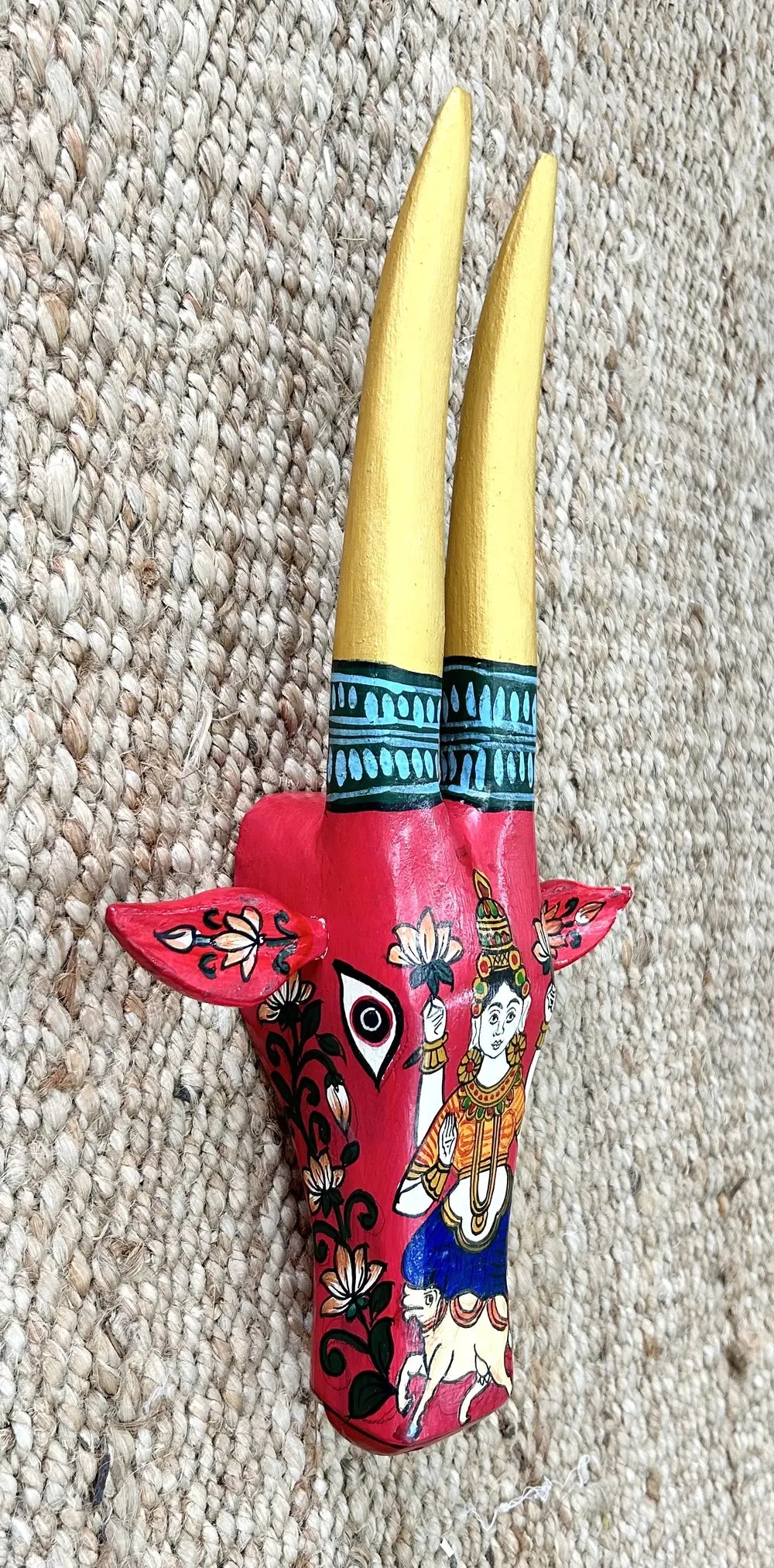 hand-painted wooden cow head wall décor – traditional indian art