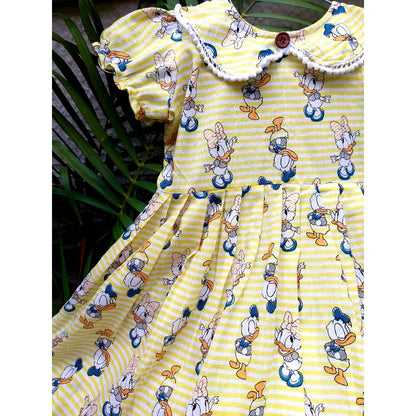 Yellow Cartoon Print Cotton Frock for Girls – Donald & Daisy Duck Design