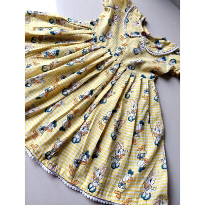 Yellow Cartoon Print Cotton Frock for Girls – Donald & Daisy Duck Design