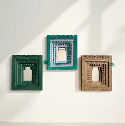 Temple Mirror Frames – Wooden Wall Decor (Brown, Green & Purple Mix) | Handcrafted Decorative Mirror Frames