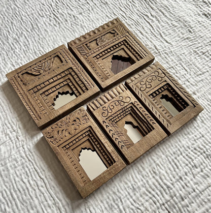 Hand-Carved Wooden Temple Mirror Frame Set (Set of 5)