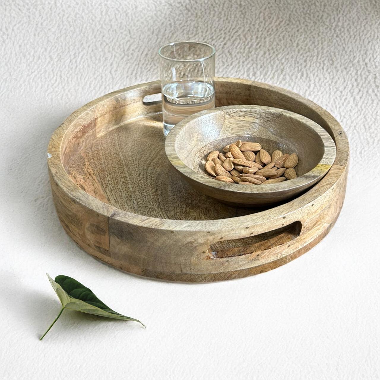 solid mango wood round serving tray