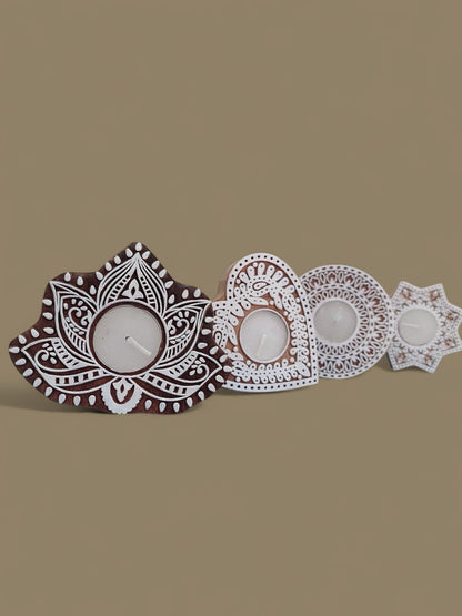 Wooden Carved Block Design T-Light Candle Holder Set