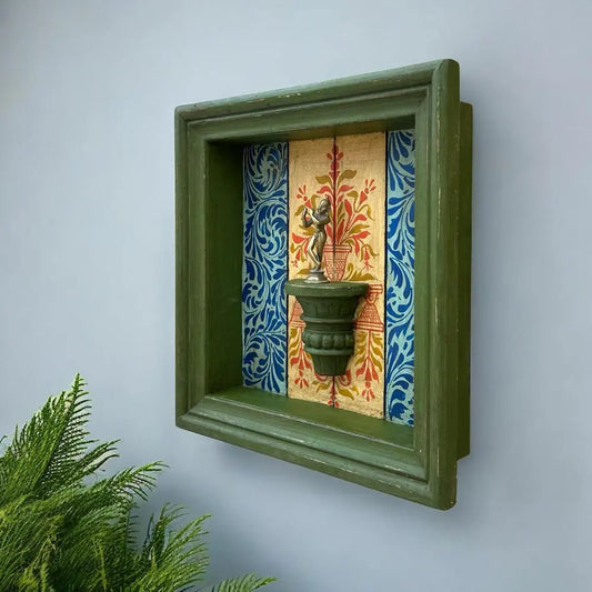 Hand-Painted Square Wooden Wall Frame with Shelf – Green Frame & Ornate Floral Backdrop 18 X 18 Inch