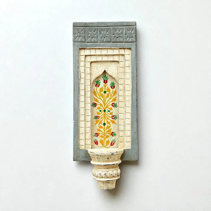 Hand-Painted Wooden Wall Decor Frame with Shelf – White & Grey Arch Design