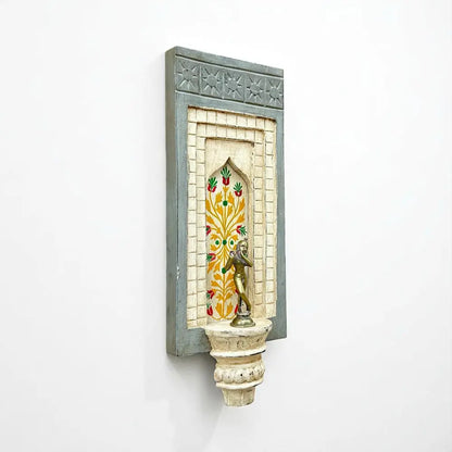 Hand-Painted Wooden Wall Decor Frame with Shelf – White & Grey Arch Design