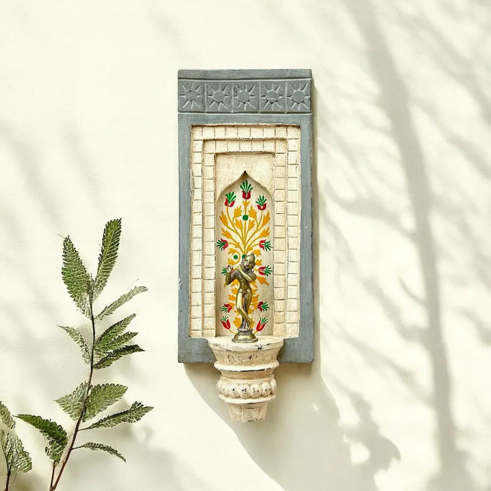 hand-painted wooden wall decor frame with shelf – white & grey arch design