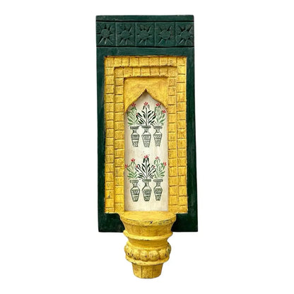 Hand-Painted Wooden Wall Decor Frame with Shelf – Green & Yellow Arch Design