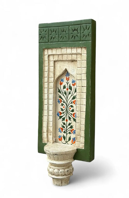Hand-Painted Wooden Wall Decor Frame with Shelf – Green & White Arch Design