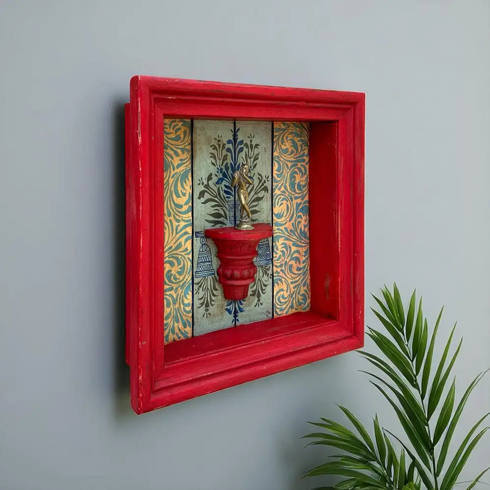 hand-painted square wooden wall frame with shelf – red frame & ornate floral backdrop 18 x 18 inch