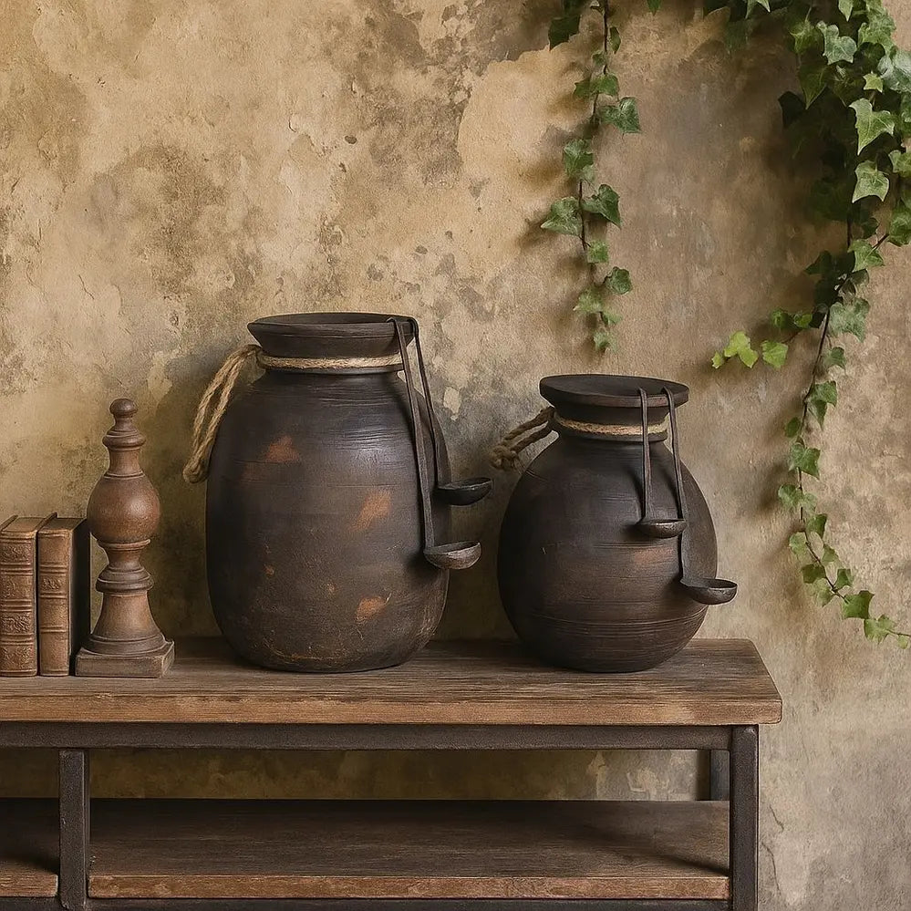 vintage wooden pot with ladles – handcrafted antique from himachal & nepal | home décor piece