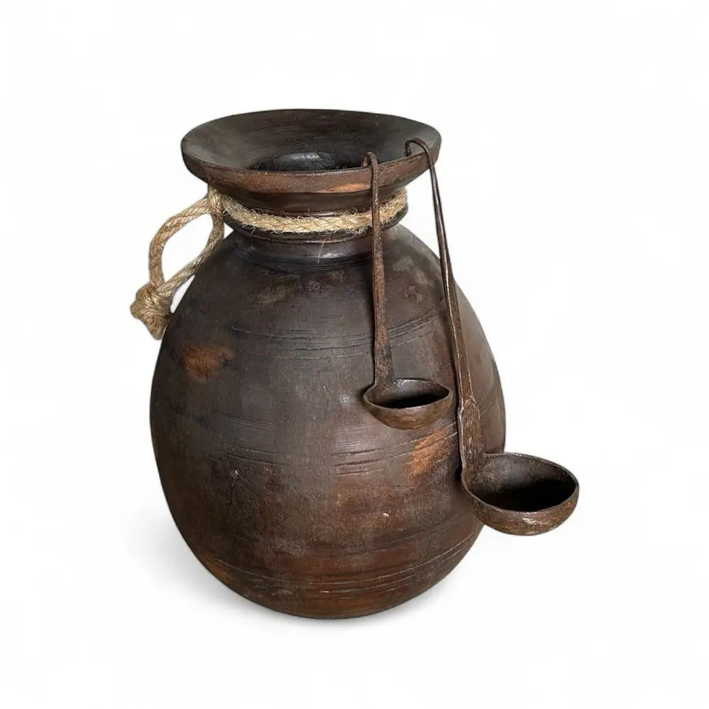 vintage wooden pot with ladles – handcrafted antique from himachal & nepal | home décor piece