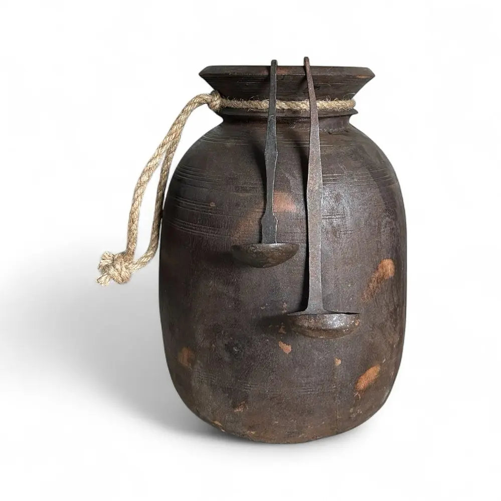 vintage wooden pot with ladles – handcrafted antique from himachal & nepal | home décor piece