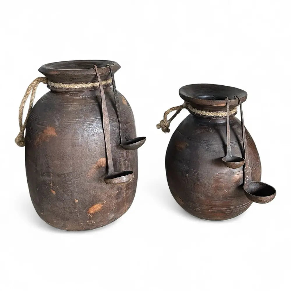 vintage wooden pot with ladles – handcrafted antique from himachal & nepal | home décor piece