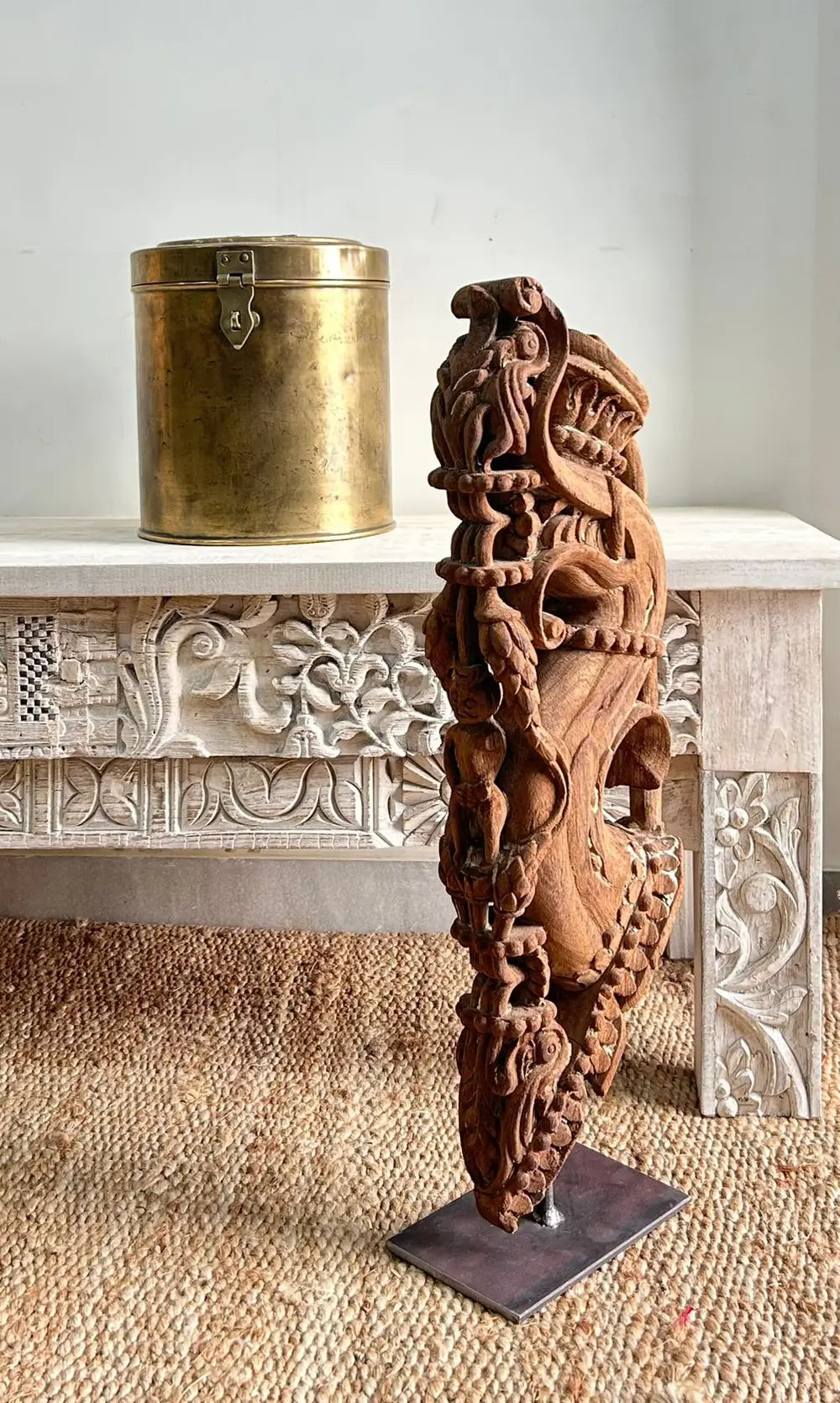 vintage wooden carved bracket on iron stand | antique balcony corbel | home décor accent