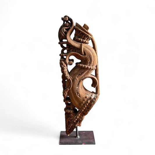 Vintage Wooden Carved Bracket on Iron Stand | Antique Balcony Corbel | Home Décor Accent
