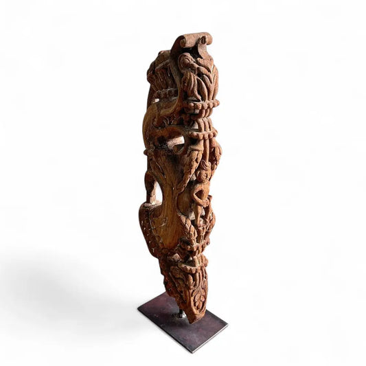 Vintage Wooden Carved Bracket on Iron Stand | Antique Balcony Corbel | Home Décor Accent