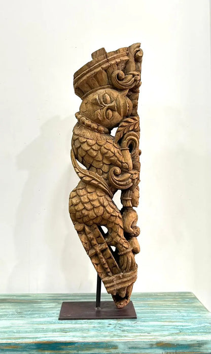 Vintage Hand-Carved Wooden Bracket on Iron Stand