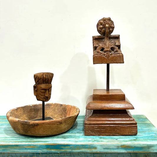 Vintage Handcrafted Wooden Decor Bracket on Stand – Natural Brown