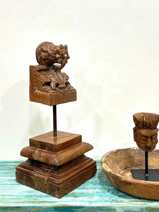 Vintage Handcrafted Wooden Decor Bracket on Stand – Natural Brown
