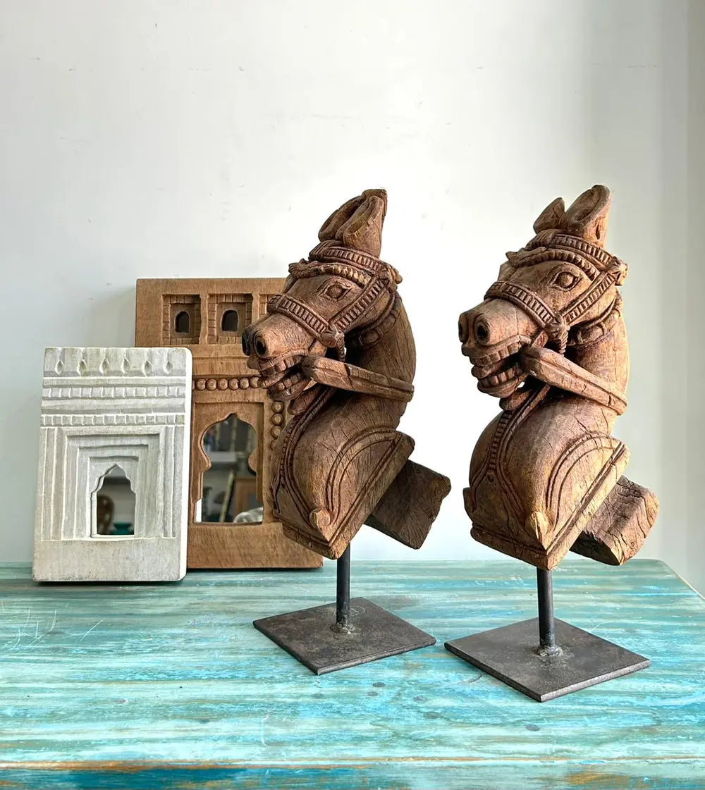vintage handmade wooden horse pair – natural wood table décor
