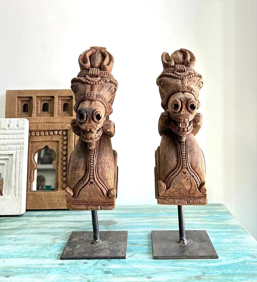 vintage handmade wooden horse pair – natural wood table décor