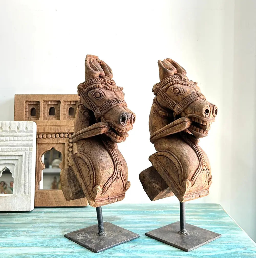 vintage handmade wooden horse pair – natural wood table décor