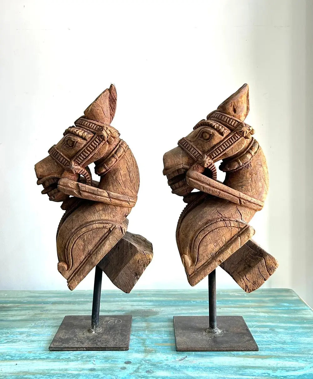 vintage handmade wooden horse pair – natural wood table décor