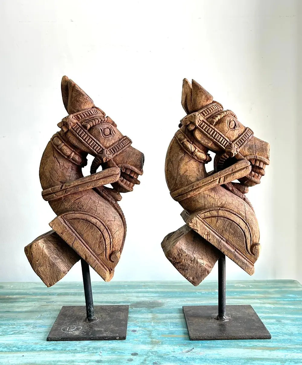vintage handmade wooden horse pair – natural wood table décor