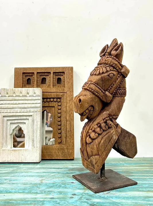 Vintage Hand-Carved Wooden Horse on Iron Stand – Table Décor Piece