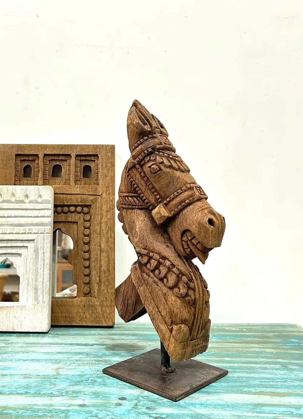 vintage hand-carved wooden horse on iron stand – table décor piece