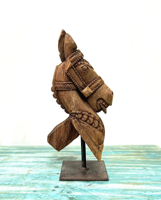 Vintage Hand-Carved Wooden Horse on Iron Stand – Table Décor Piece